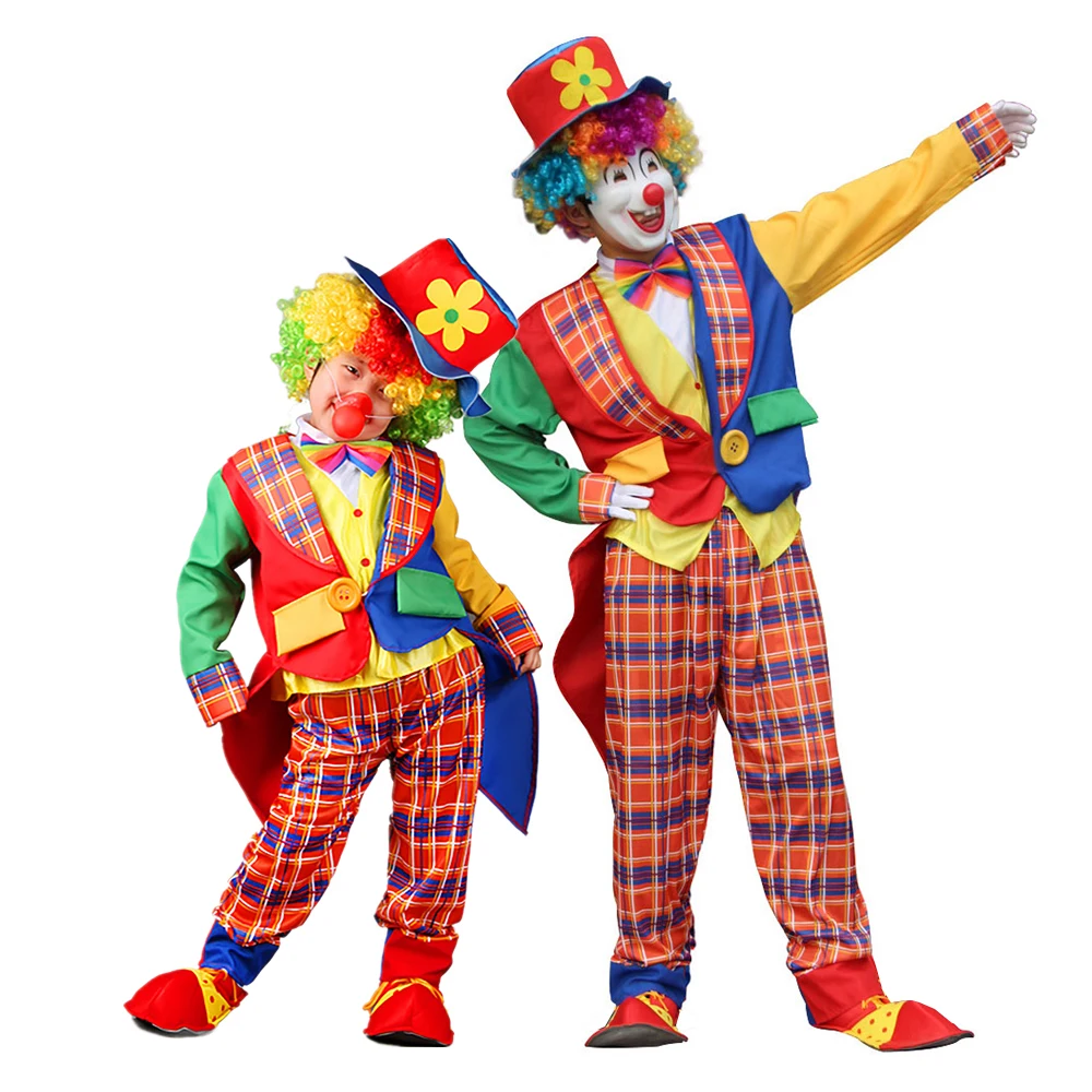 Kids Adults Costumes Magician Circus Clown Entertaining Cosplay Outfits with Hat Fancy Clothes Halloween Party Dress Up