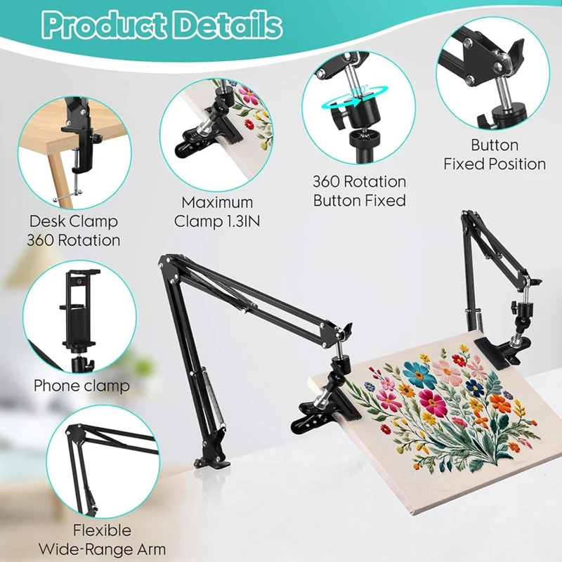 

2pc Adjustable Embroidery Hoop Holder Rotating Hoop Holder Folding for Embroidery Hoop,Needle Art Frame and Phone Holder-A51M