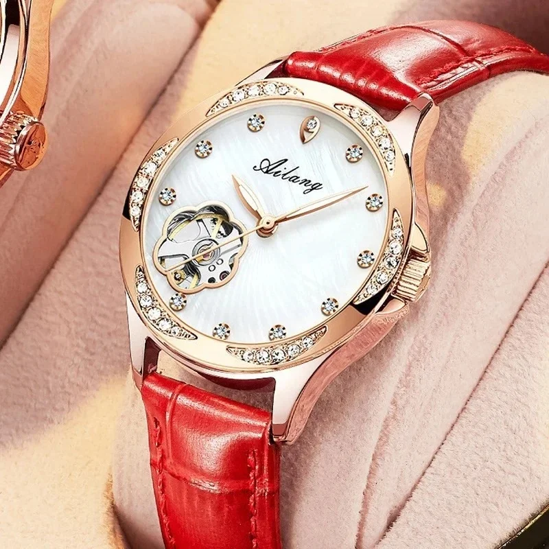 AILANG-8312 Luxury Ladies Skeleton Automatic Watch MOP Dial Diamond Markers Red Leather Band Waterproof Women Clock