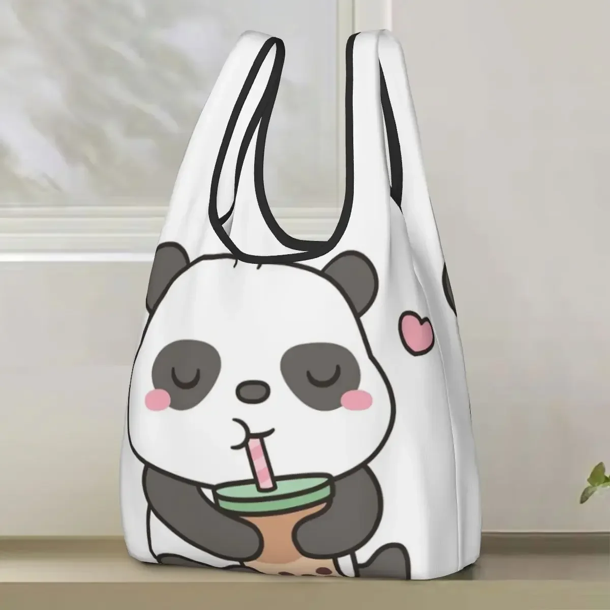 Cute Little Panda Enjoying Boba T Shopping Bag Portable Tote Bags Foldable Shoulder Shopper Bag Groceries Handbag