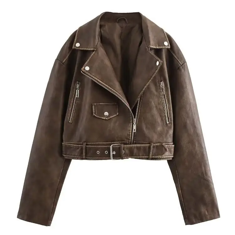 JNLEAOG Faionable Waed Pelle Jaet Con Cintura Or Cappotto Donna Autunno Nuovo Sle Colore Puro Poliestere Lungo Chiusura Lampo