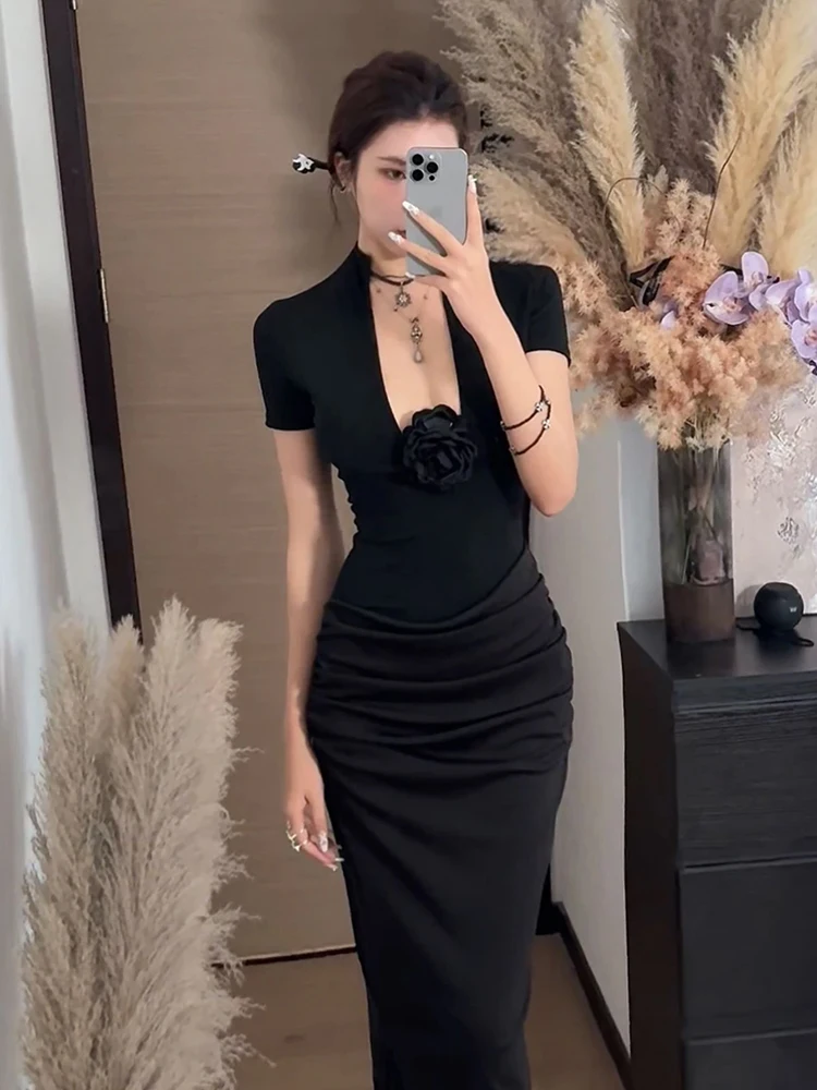 

Новое женское повседневное платье в китайском ретро-стиле с глубоким V-образным вырезом, длинное, облегающее, с завязками на талии, больших размеров, цвета розового золота