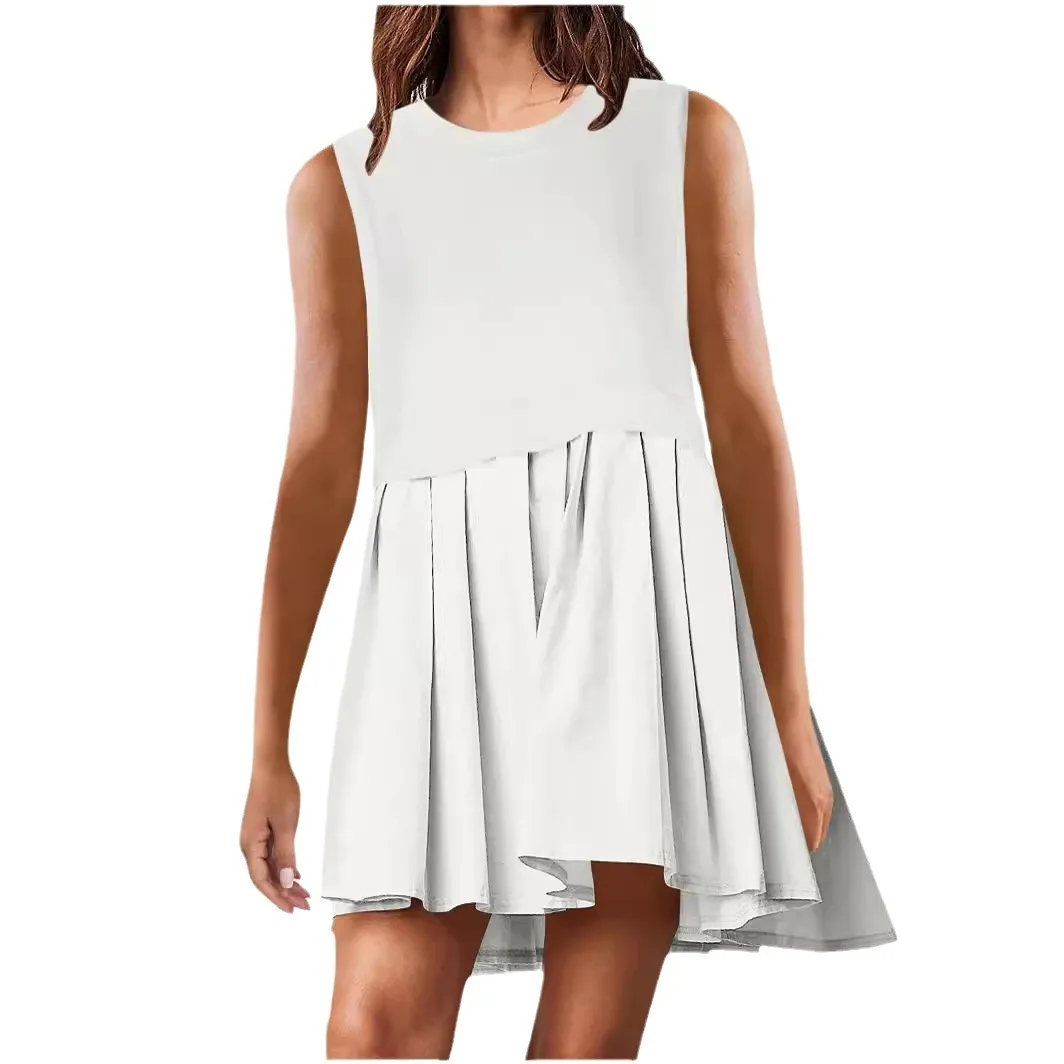 Women's short dress simple solid color A-line skirt traf round neck casual splicing pleated sleeveless dresses seaside beach