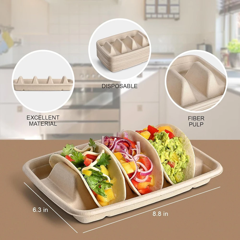 Disposable Taco Holders for Party, Premium Paper Taco Plates with Dividers, Fiesta Taco Tray Holder, Taco Stands for 3 Tacos