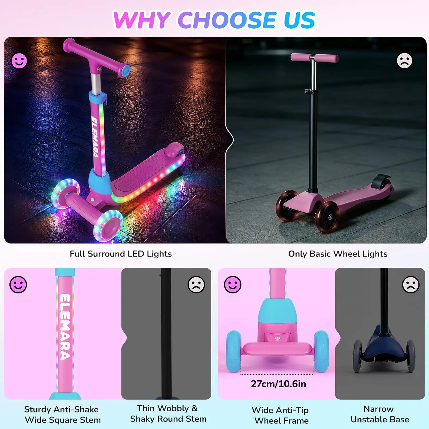 3 Wheel Scooter for Kids Ages 3-12 with 20 LED Light-Up Modes, Gift