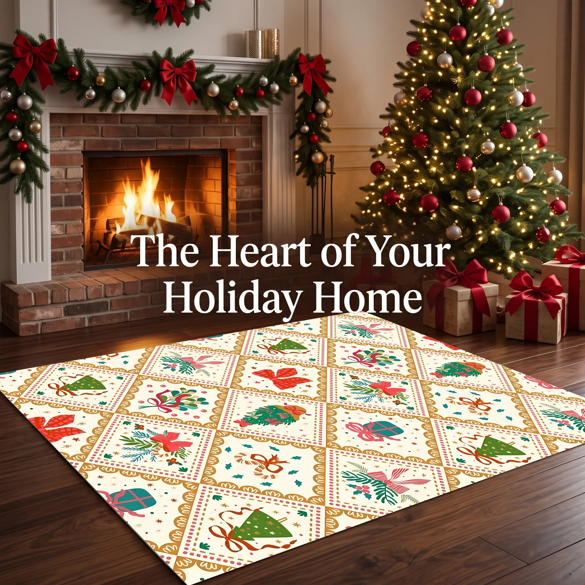 Velvet Rug Diamond Pattern Christmas Tree Bow Print Vintage Style for Living Room Bedroom Entryway Home Decor