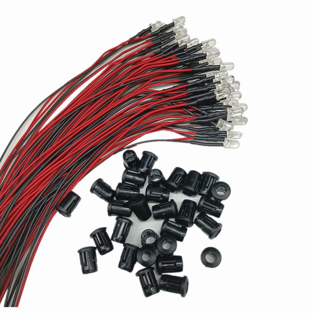 100Pcs 3Mm/5Mm Rood/Groen/Blauw/Rgb Wit Uv DC12V Ronde Pre-wired Water Duidelijk Geleid Met Plastic Houder