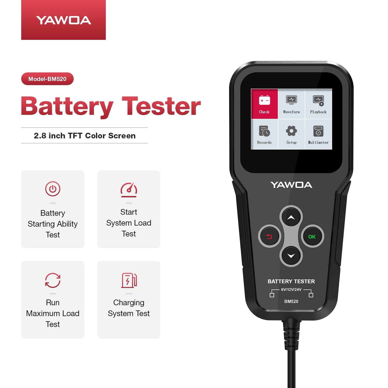 BM520 6V 12V 24V Car Battery Tester Truck Battery System Test Tool 12 Volts Battery Analyzer Cranking Test PK KW600