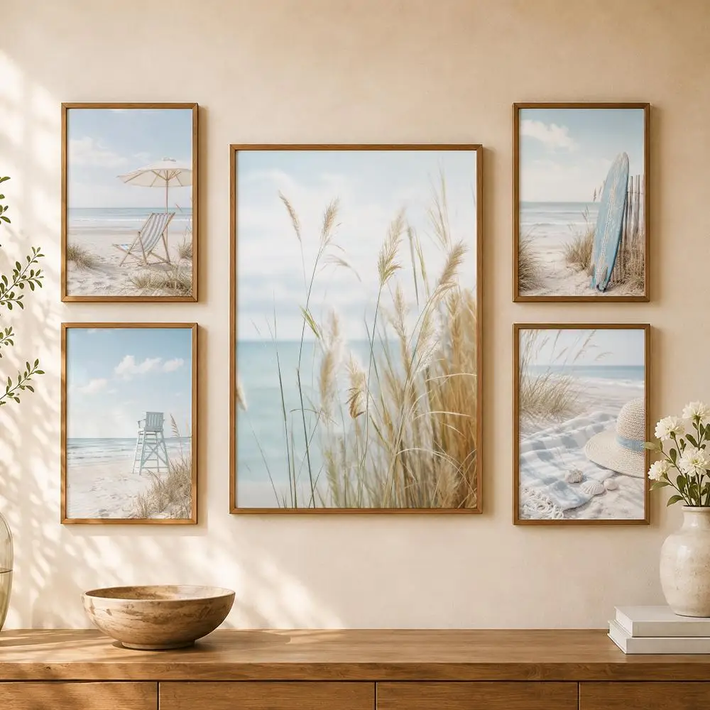 Coastal Beach Dunes Blue Cottage Vintage Camper Seaside Summer Poster Home Room Cafe Club Decor Aesthetic Art Wall Painting