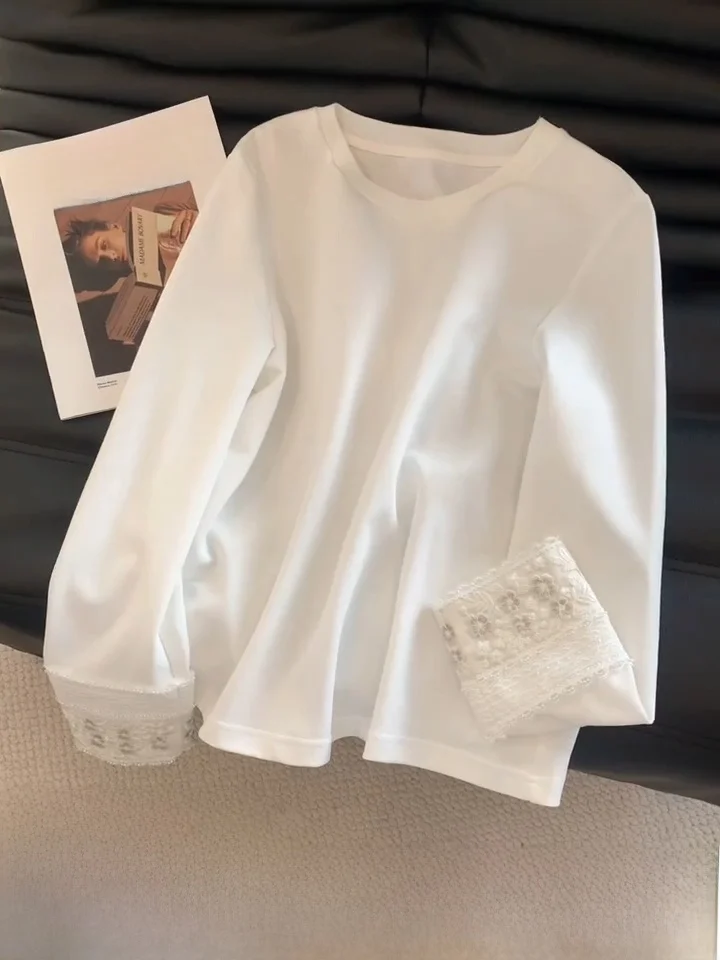 

plus Size 300 Pounds Lace Sleeve Long Sleeve Women's Spring Autumn Slimming Tummy Covering Unique T-Shirt Cotton Blend C...
