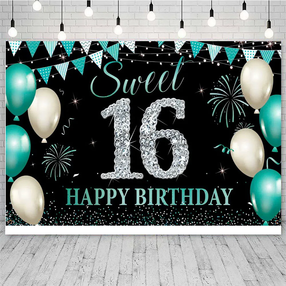 Happy 16th Birthday Party Decoration Backdrop Banner 16 Years Old Red Black Balloon Diamonds Photography Background for Girls