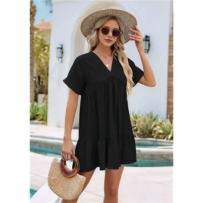 A09P Damen Kurzarm V-Ausschnitt Rüschensaum Solides Swing-Kittelkleid Lässiges, locker sitzendes Minikleid Sommer Strandkleidung