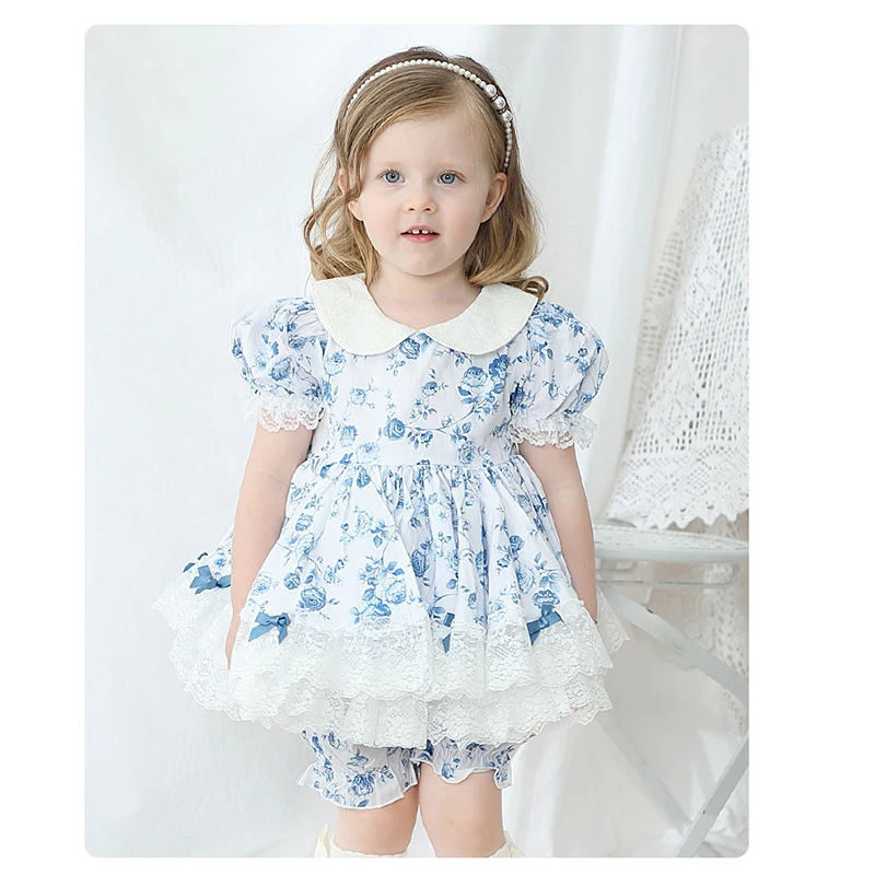 Summer 2PCS Baby Clothing Summer Spanish Lolita Ball Gown Lace Bow Print Design Turkey Vintage Princess Dresses For Girls Eid