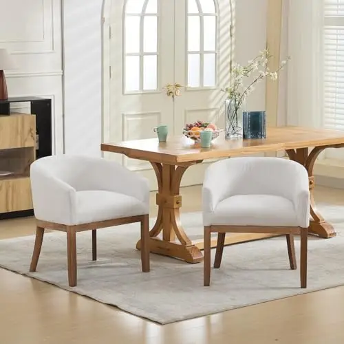 Barrel Dining Chair Set of 1 with Arms, Fabric, Wood Legs, Beige | Wraparound barrel back; spring cushion; solid frame
