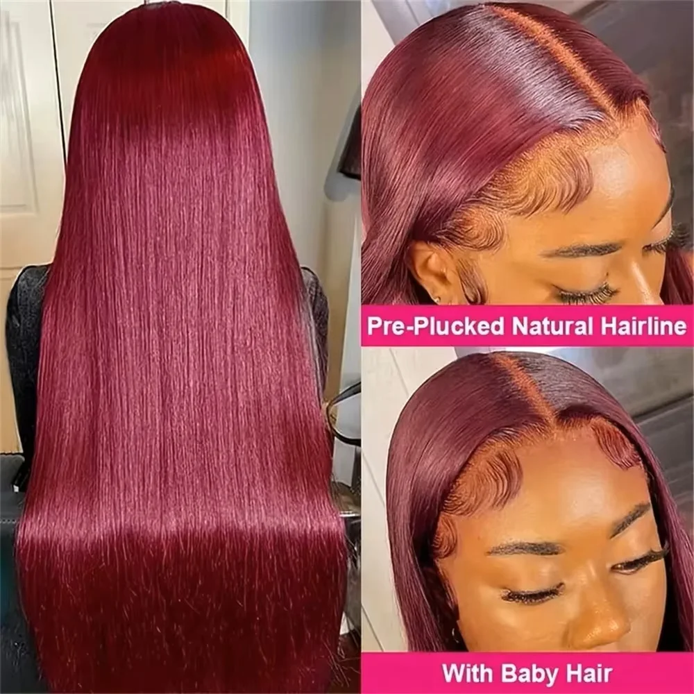 Perruque Lace Front Wig naturelle lisse bordeaux, cheveux humains, 13x6, 13x4, 99J, HD, densité 200, pour femmes