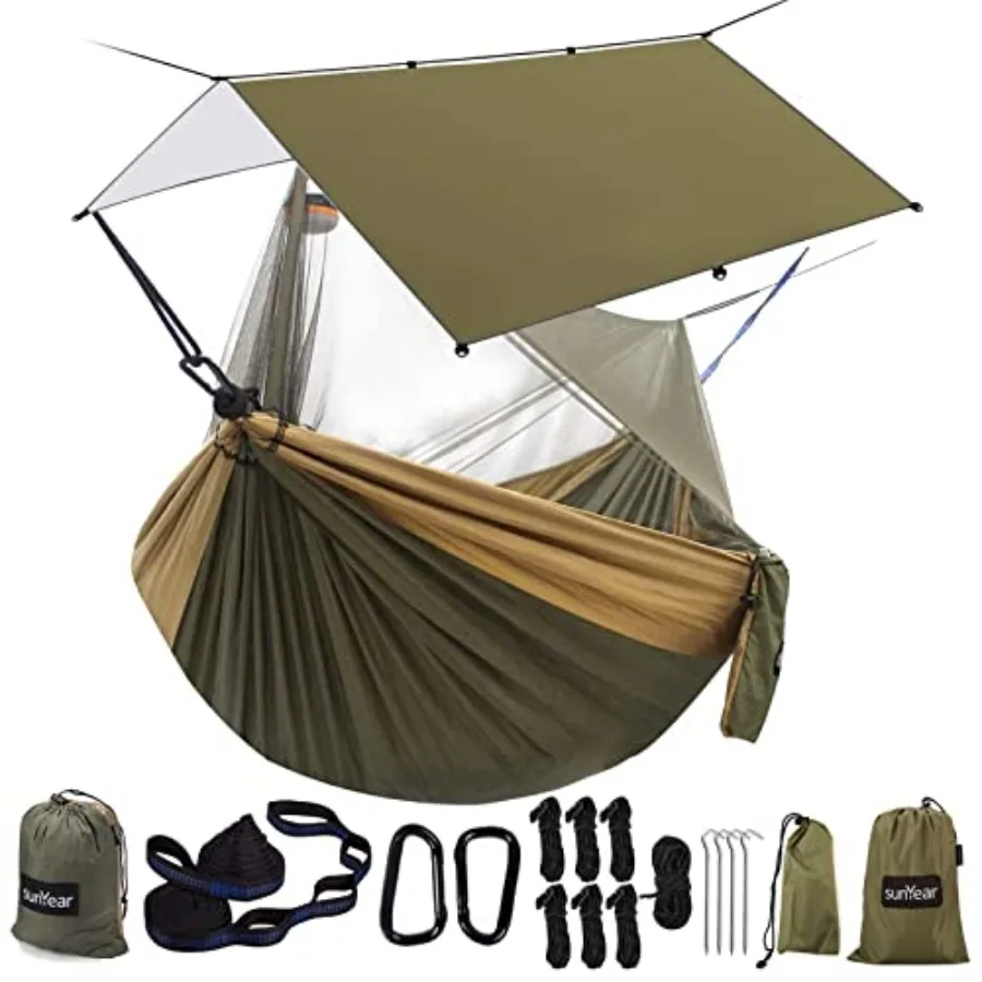 

Hammock Camping with Rain Fly Tarp and Net, Portable Camping Hammock Double Tree Hammock Outdoor Indoor Backpacking Travel and