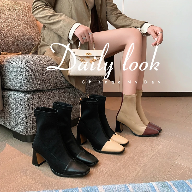 

Новинка 2026, осенне-зимние женские ботильоны высотой 22-24,5 см из воловьей кожи + эластичная лайкра, разноцветные современные ботинки, узкие ботинки с молнией сзади