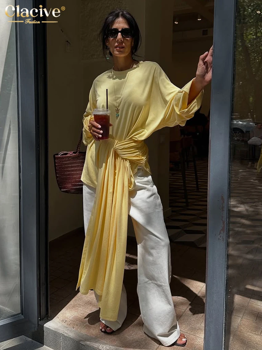 Yellow Lace-Up Long Sleeve O-Neck T-Shirt for Women