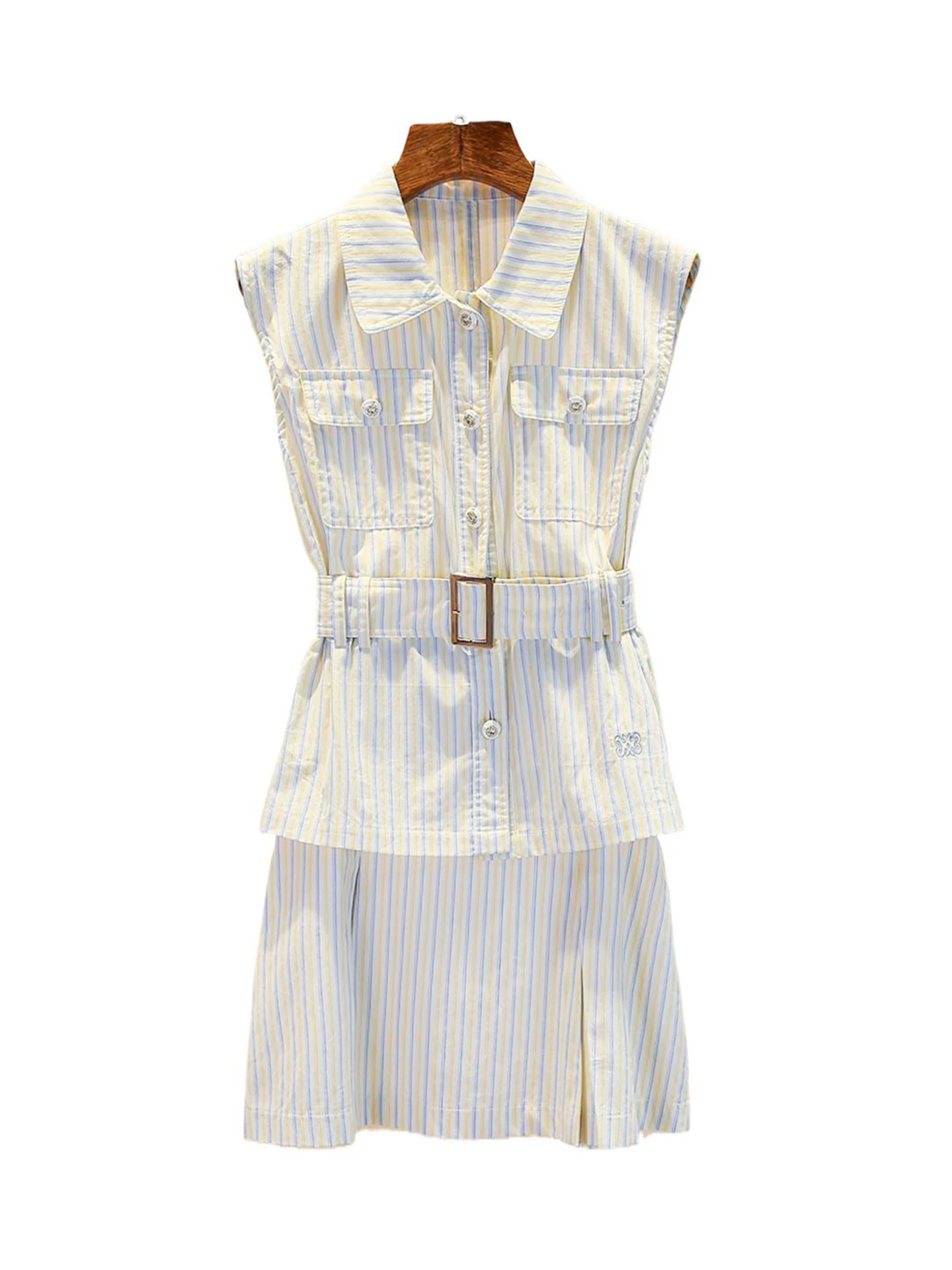 

Высококачественный женский полосатый комплект из жилета и юбки, осенний модный повседневный комплект из полиэстера без застежки на пуговицах