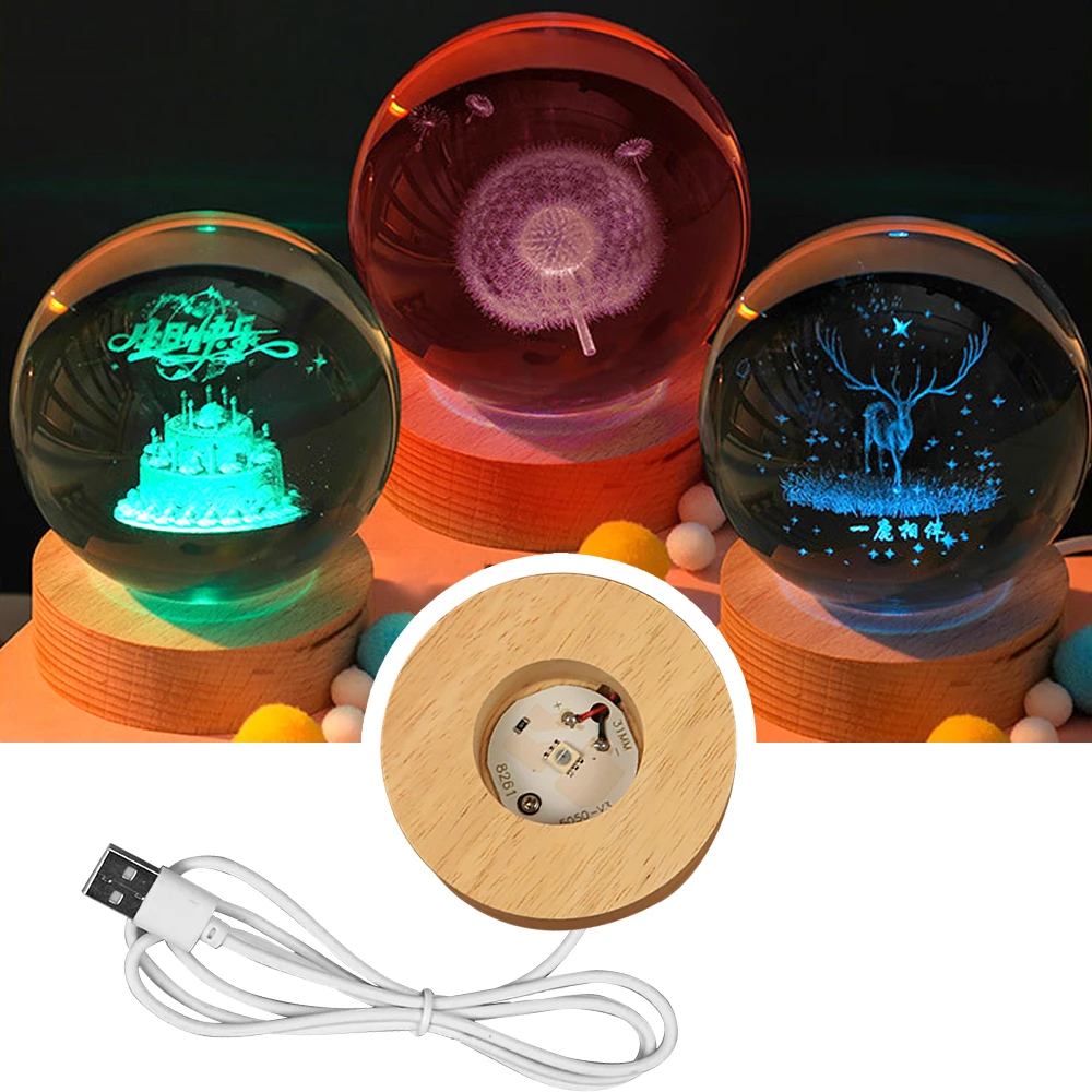 LED Lamp Base 6LED Lamp 3D Round Wooden Luminous Base Night Light Dispaly Base Crystal Glass Resin Art Ornament Home Decor