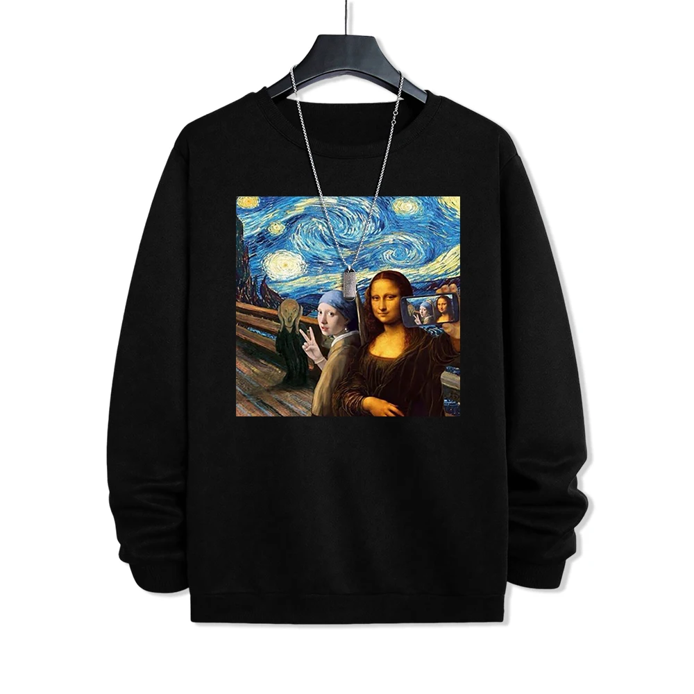 Mocking Mona Lisa Selfie Funny Print Clothes Mens Casual Harajuku Warm Hoody Autumn Fleece Hoodie O-Neck Pullover New Hoody Men