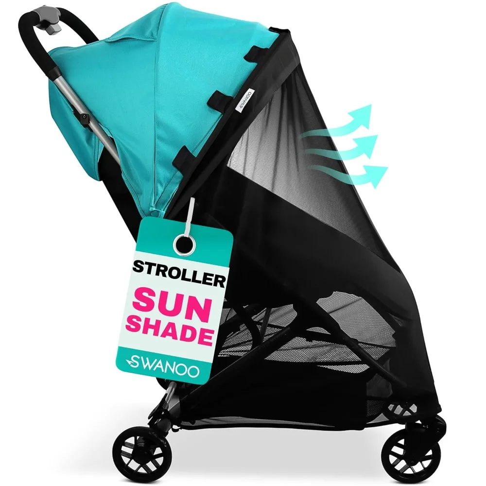 

stroller sun shade cover, mosquito net for stroller shade extender with magnetic tabs block 70% of uv rays, bug net sun protect