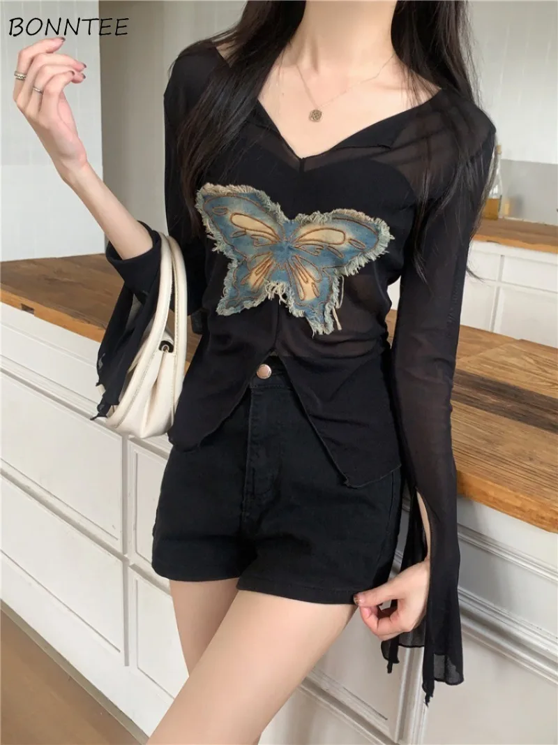 T-Shirts Women Front-slit Sun-proof Chic Summer Slightly See-through Korean Fashion Popular Cozy Sexy Spicy Girls Summer Tops