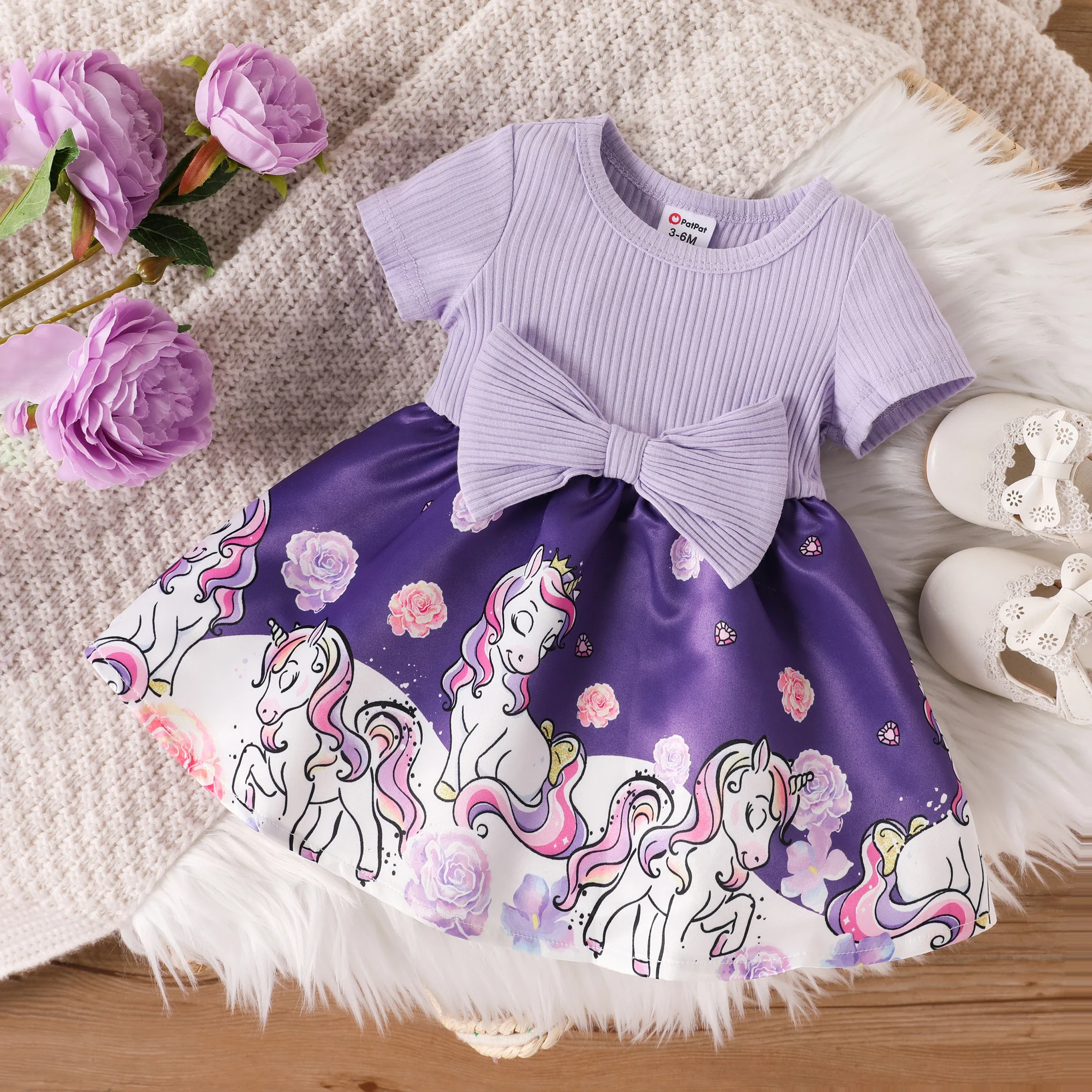 PatPat Baby Girl Colorblock Unicorn Pattern Bowknot Dress Suitable for Summer Season Soft and Comfortable  Perfect for Outings