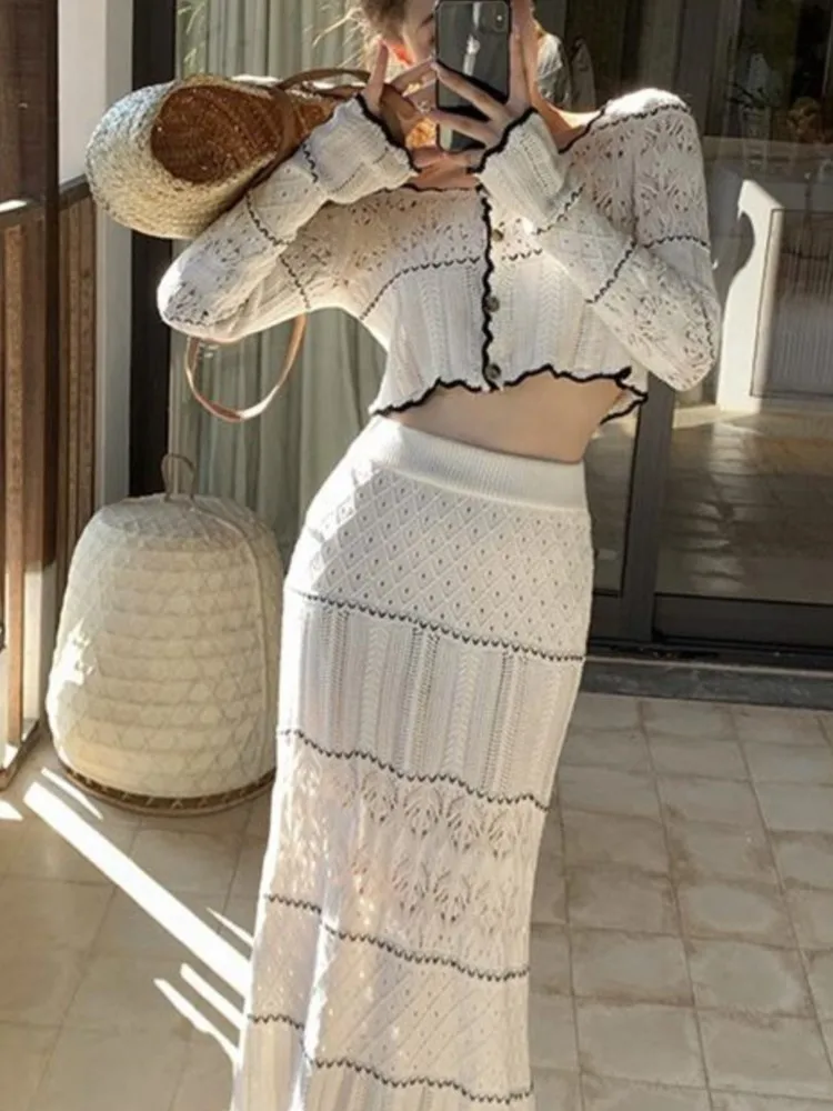 

Women Fashion White Knitted Two-piece Set Elegant Slim Fit Geometric Hollow out Top High-waisted Skirt Spring Autumn outfits new
