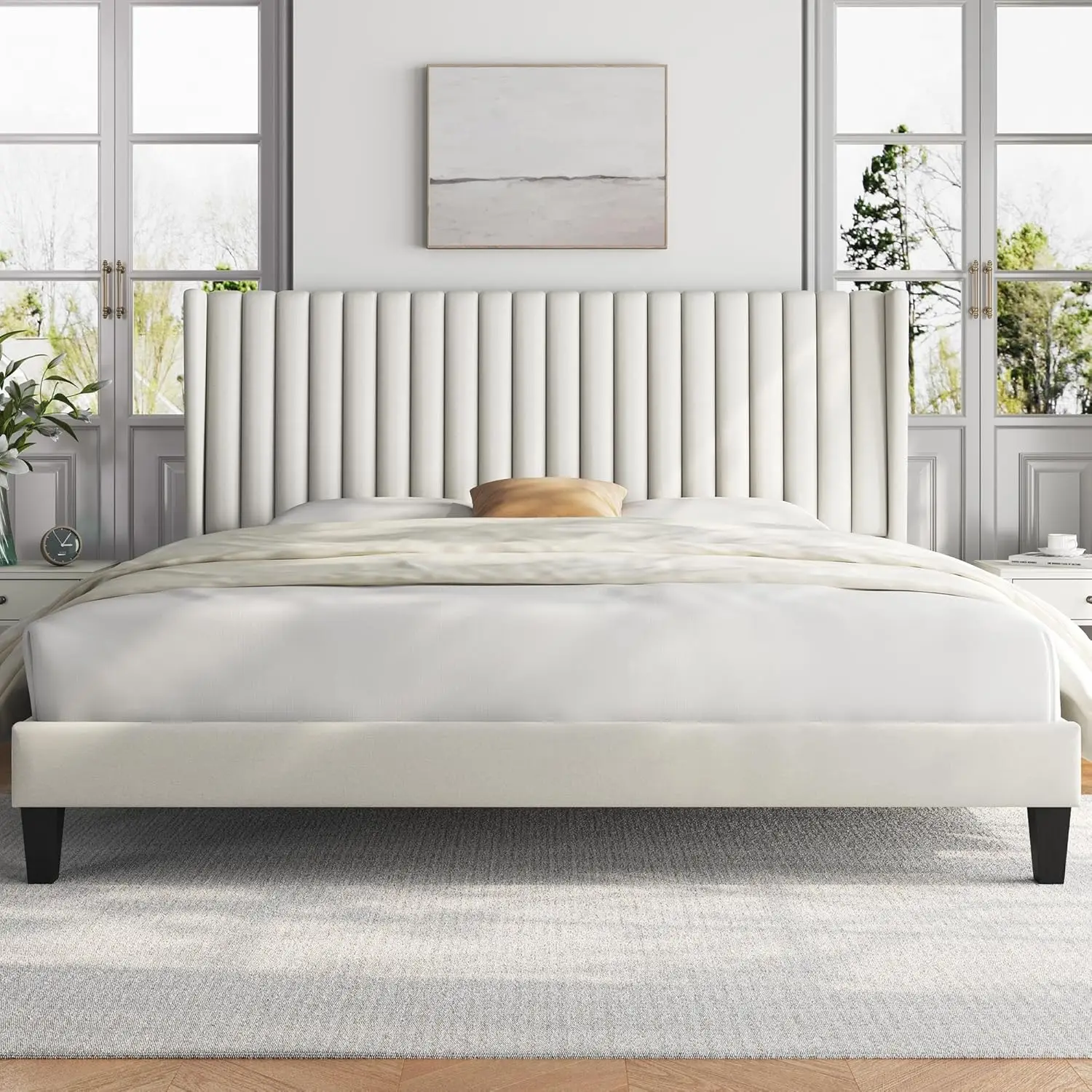 

All size Bed Frame Upholstered Platform Bed with Fabric Headboard, Wing Edge Design/Non-Slip and Noise-Free/Wooden Slats Support