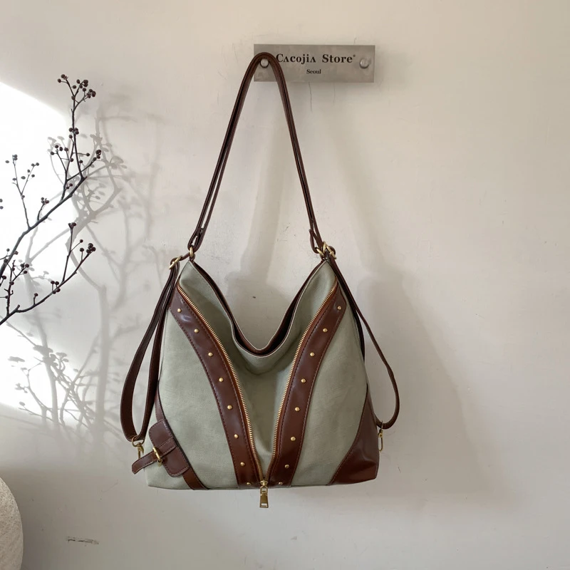 Vintage-Rucksack, Damen-Tragetasche, Retro-Spleiß-Hobo-Umhängetasche, lässige Alltags-Einkaufstasche mit Nieten-Dekor – Detail 21