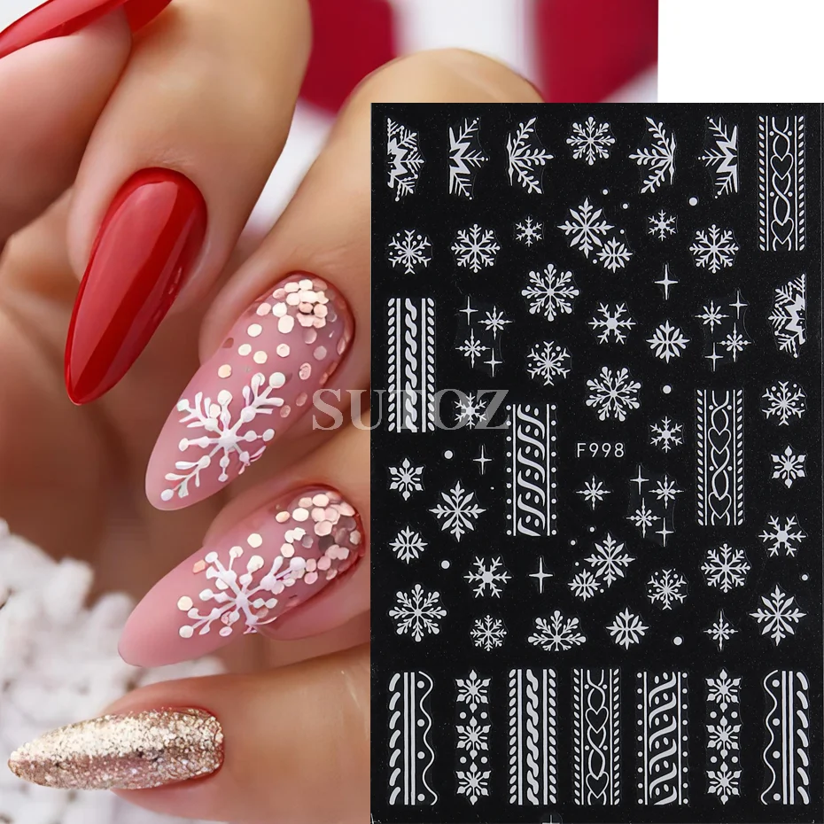 Naklejki na paznokcie zimowe śnieżynka złoty biały brokat Snow Design 3D samoprzylepne naklejki noworoczne świąteczne dekoracja do paznokci LEF1000