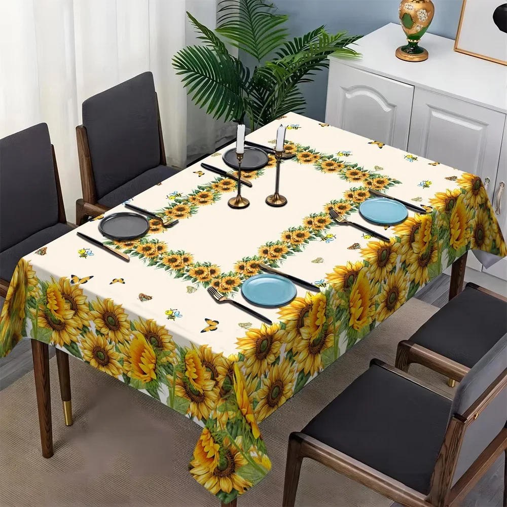 1pc Rectangular Tablecloth White Sunflower And Bee Print Table Cover For Dining Room Kitchen Party Dustproof Oilproof Decorativ
