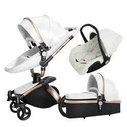 coches de bebe,Nuevo cochecito de bebé de cuero PU 3 en 1, carrito de bebé, carrito de bebé plegable bidireccional para recién nacido, silla de paseo de bebé de aleación de aluminio