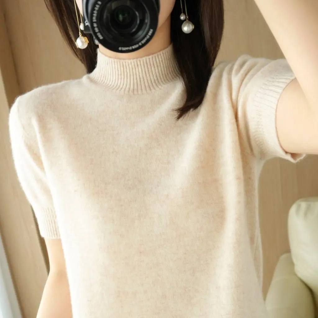 

Women's Spring Autumn Half-Turtleneck Short-Sleeved Knitted Sweater Base Shirt Loose Wool Blended Inner Thin Cardigan