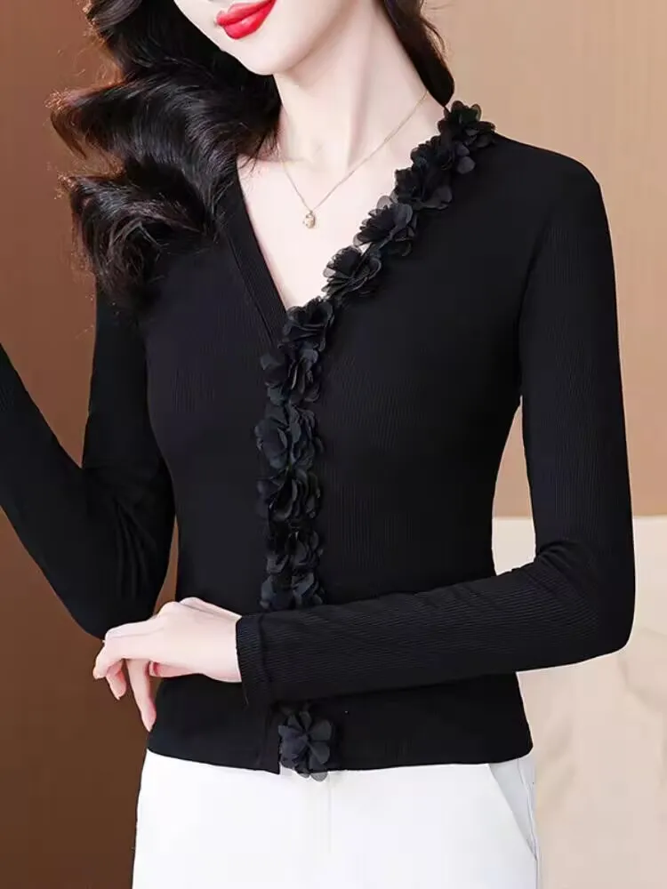 2025 프랑스 스타일 꽃 자수 우아한 티셔츠 봄 여름 여성 M-3XL 하이 스트리트 v 넥 비대칭 눈길을 끄는 세련된