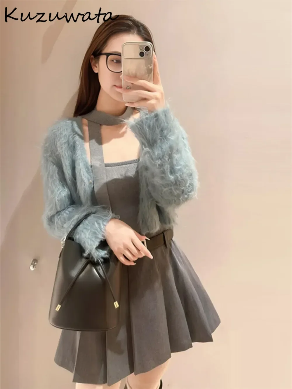 Kuzuwata Sweet Sexy Spice Girls Fluffy Knit Set Cardigan Lace Up Luxury Halter Sling Japan Age Reduction Elegant Three-piece Top