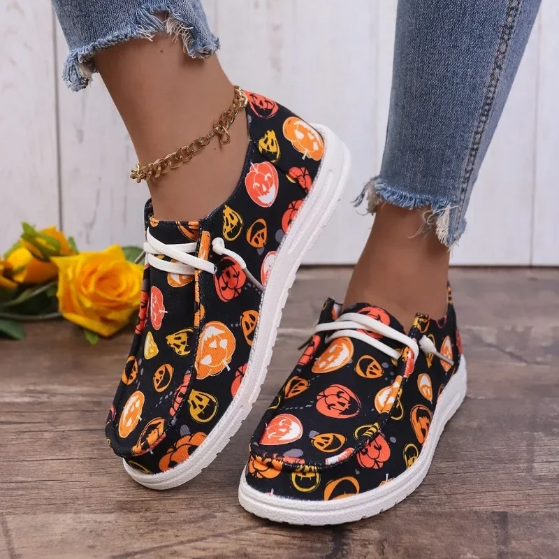 Print Casual Schoenen Halloween Dames 2024 Nieuwe Lichtgewicht Comfortabele Canvas Schoenen Outdoor Sport Platte Ronde Neus Schoenen