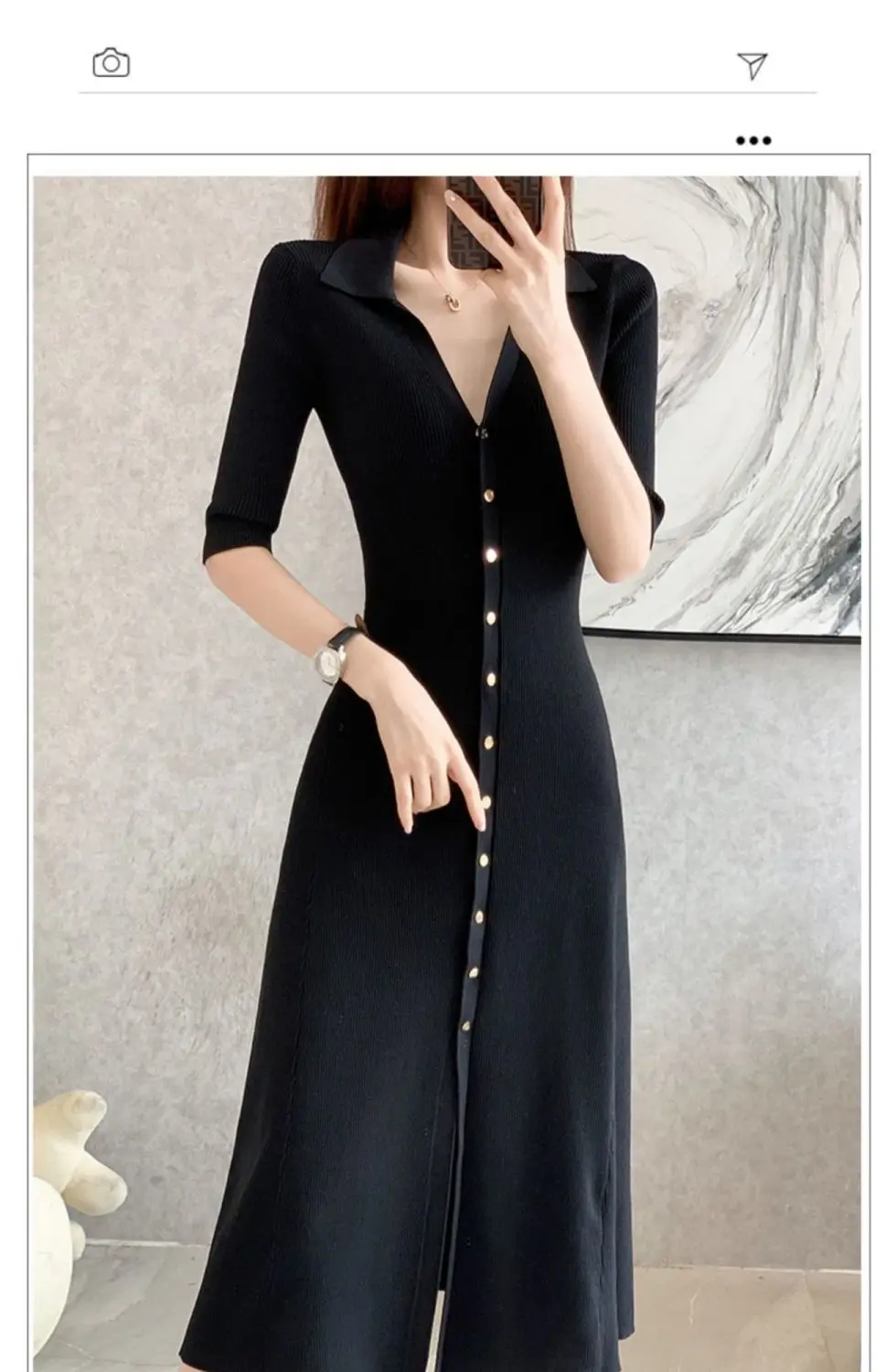 2024 Summer New Women Temperament Solid Color Lapel Collar Single-breasted Slim Fashion V-neck Mid Length Version Knitting Dress