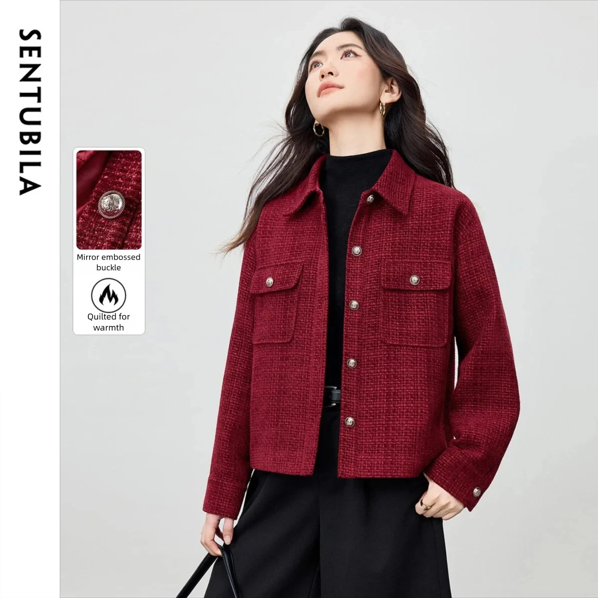 SENTUBILA Damen-Chenille-Steppmantel, 2025, Winter-Umlegekragen, lockere Jacke mit tief angesetzter Schulter, elegantes warmes Oberteil 154WA3687