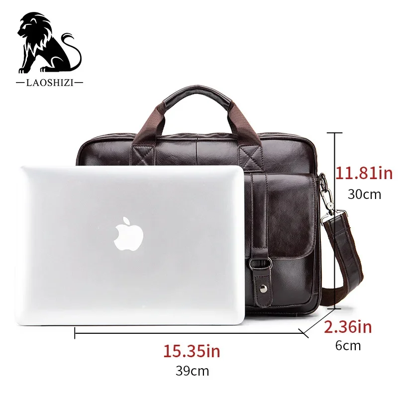 LAOSHIZI Brand Men's Genuine Leather Briefcase Messenger Laptop Business Leisure Large-capacity Handbag Crossbody Bag