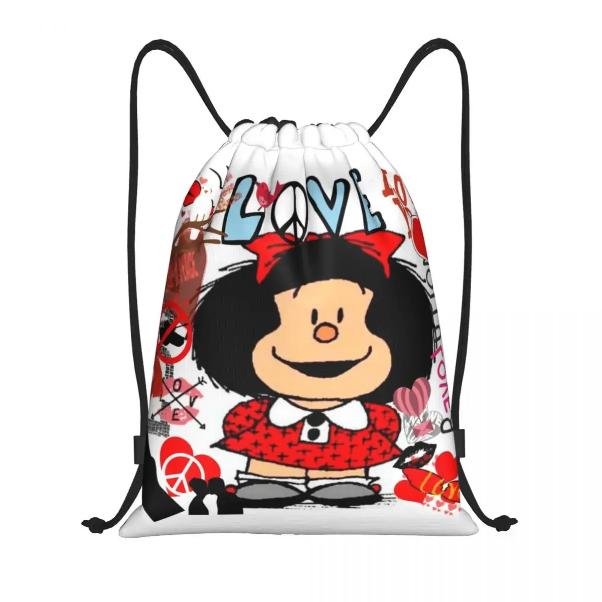 Love And Mafalda Surrounded By Hearts Drawstring Backpack Sport Gym Sackpack Portable Quino Manga Cartoon Shopping Bag Sack