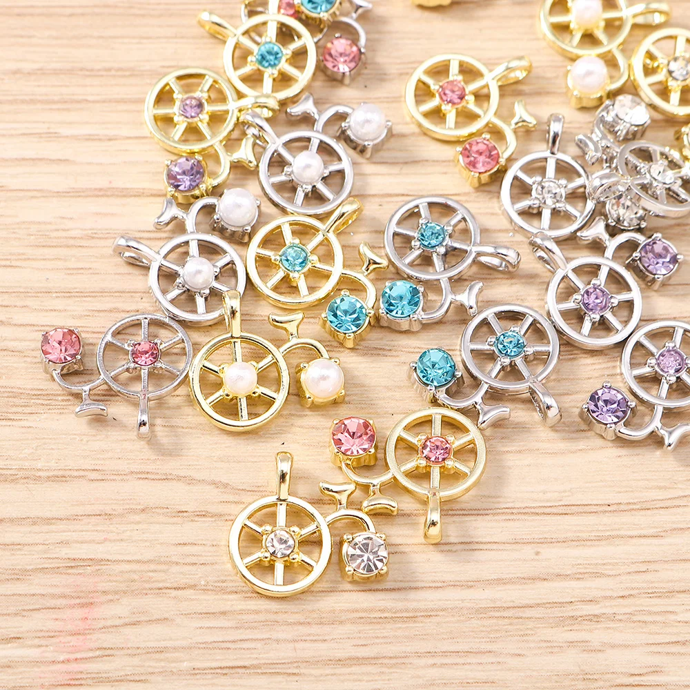 Tusember 5pcs Cute Crystal Metal Bicycle Charms Beads Pendants for Necklaces Earrings Bracelets DIY Jewelry Making Accessories