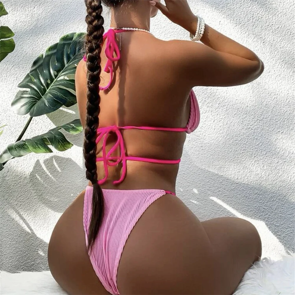 Bikini de perlas rosas con espalda descubierta para mujer, traje de baño Sexy con Tanga triangular, ropa de baño Y2K para vacaciones, traje de baño