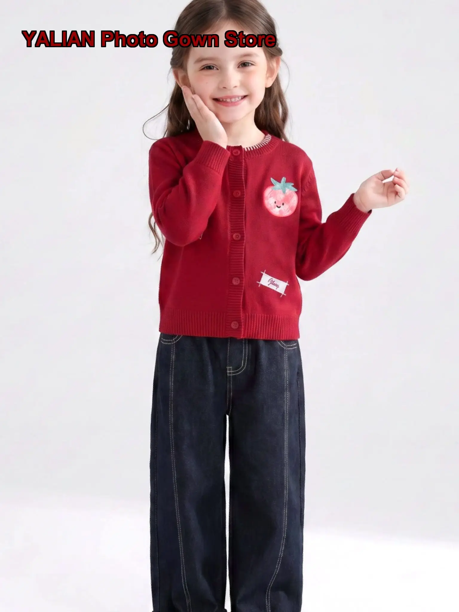 Girls Knit Cardigan Kids Autumn Winter Strawberry Print Open-Front Jacket Off Shoulder Top for Christmas