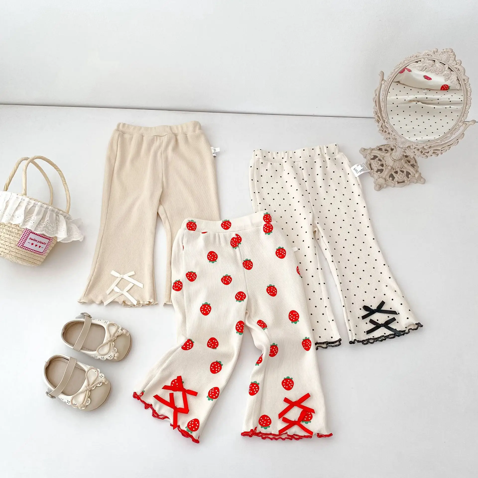 2026 Autumn New Baby Girl Bow Print Leggings Cotton Girls Lace Flared Trousers Infant Casual Pants Toddler Clothes
