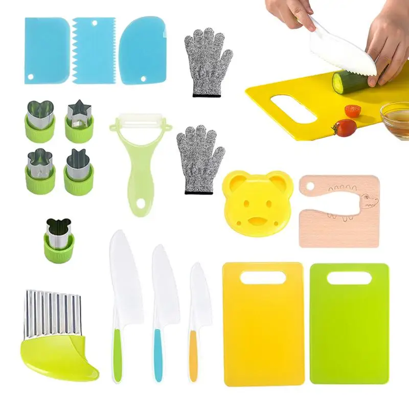 19PCS Kids Cooking Sets Real Cooking Montessori Kitchen Tools for Toddlers Kids Safe Knives Cutting Board Toddler Toys