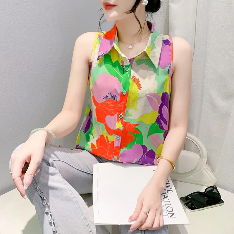 2025 Summer Print Sleeveless Shirts for Women Fashion Slim Straight Women's Clothing Flower Single Breasted Blouse OL Women Tops