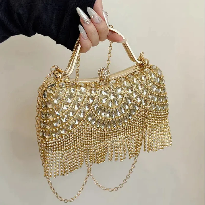 

Fashion Evening Bags for Women 2024 Trend Metallic Tassel Diamond Handbag Designer Luxury Chain Party Small Female Shoulder Bag