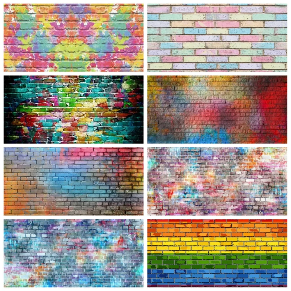 

Vintage Rainbow Graffiti Colorful Brick Wall Theme Banner Background, Birthday Decoration Wedding Portrait Photography Backdrop